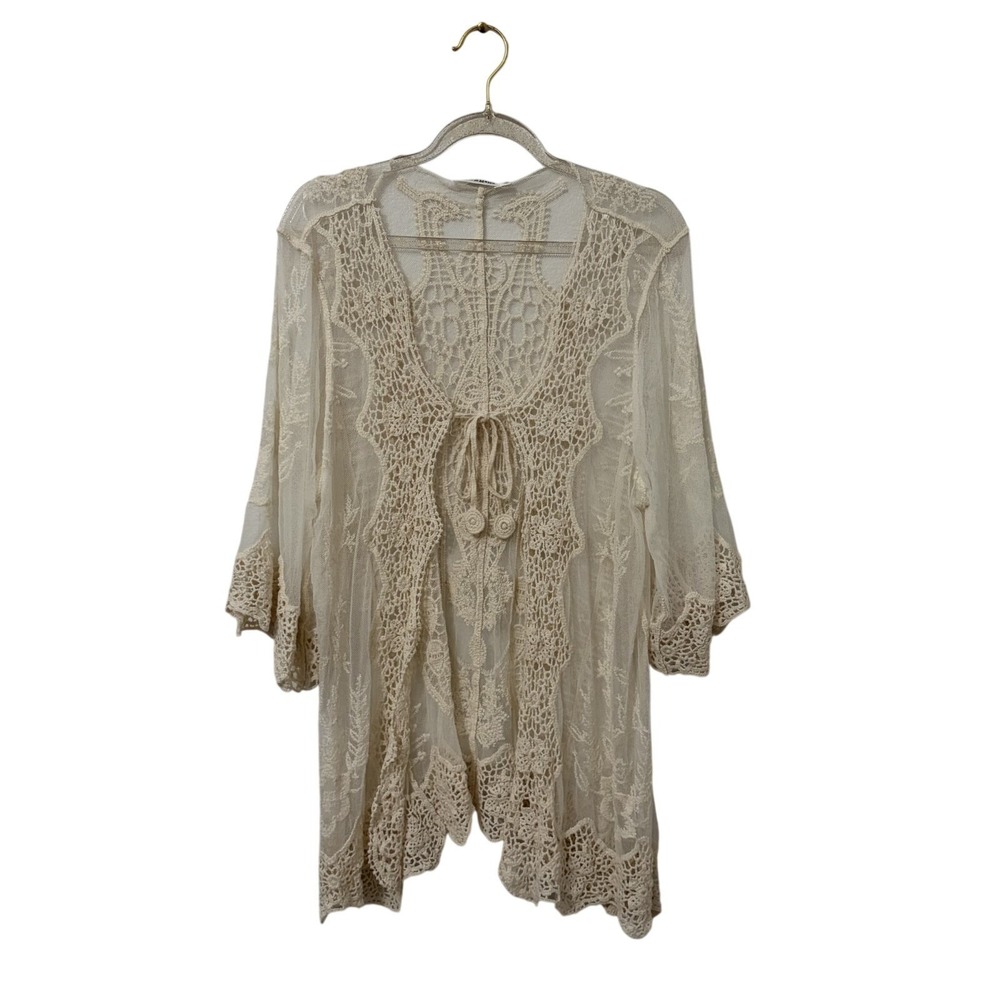 Whimsical Sheer Mesh Crochet Retro Boho Duster M Festival 70s Indie Fairy